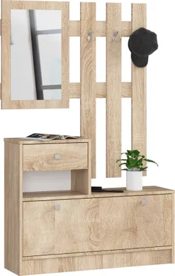 Produktbild von Akord Garderoben-Set, Spiegel, Schuhkommode, B90xH170xT25cm, laminierte Möbelplatte, 3 Doppel-Haken, kratzfest, schmutzabweisend