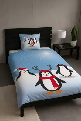 Produktbild von Fleece Bettwäsche 135 x 200 cm Kinder Garnitur Winter 2 tlg. mit Reißverschluss in Blau mit Pinguine