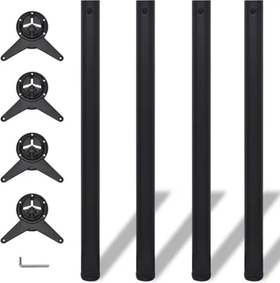 Four black table legs and four black mounting brackets are arranged on a white background. A small silver L-shaped tool is also visible.