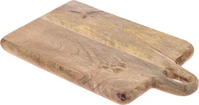 A wooden cutting board with a handle is shown against a white background.