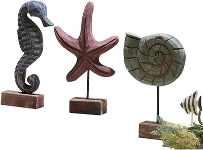 Produktbild von 3-teiliges Set handgefertigter Holzfiguren im Retro-Strand- und Seemannsstil: Seesterne, Muscheln und Seepferdchen – Dekoration für Zuhause