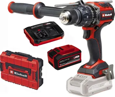 A collection of Einhell power tool accessories, including a drill, batteries, charger, and case, arranged on a white background.