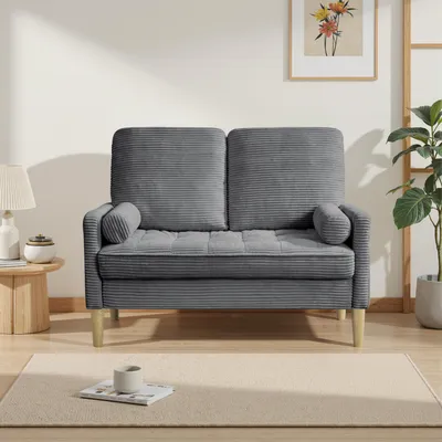 Zdjęcie produktu dla Dwuosobowa sofa typu loveseat 121 cm – sofa w stylu skandynawskim w kolorze szarym, obicie z sztruksu, wyściełane poduszki, 121 x 76 x 87 cm, do salonu, mieszkania i sypialni