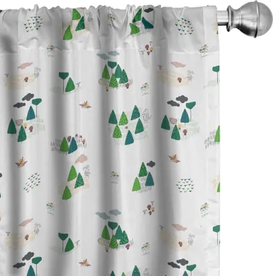 Produktbild von ABAKUHAUS Wald Vorhänge, Gardinen, Scandinavian Inspired Bäume Wolken und Waldtiere, 2 Stück 75 x 225 cm, Petrolblau Grün