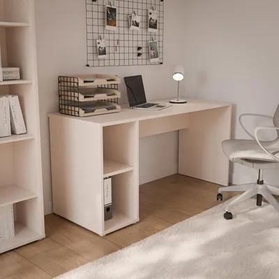 Produktbild von Forte ALICE SPRINGS Schreibtisch 150, modern-minimalistisch, 2 offene Fächer, Home Office, Schlafzimmer, Holzwerkstoff, Kaschmir Beige, 150 cm breit x 76,7 cm hoch x 60 cm tief