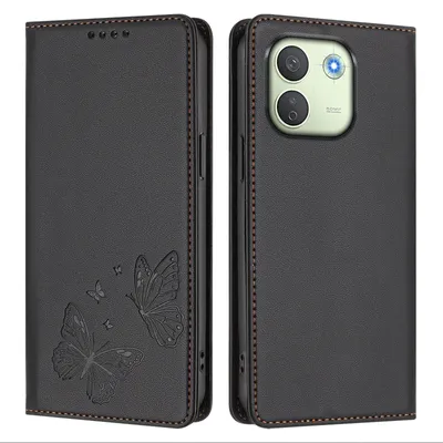Image de Étui en cuir pour Xiaomi Redmi Note 17 Pro Max, avec motif papillon, type portefeuille rabattable avec support. Couleur : noir