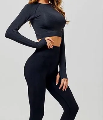 Produktbild von Jumada's - Sportoutfit - Crop-Top mit langen Ärmeln - Leggings mit hoher Taille - Nahtlos - Squatproof - Schwarz - S