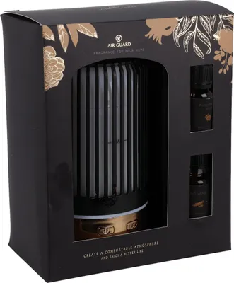 A product box for an air freshener and aromatherapy diffuser set.