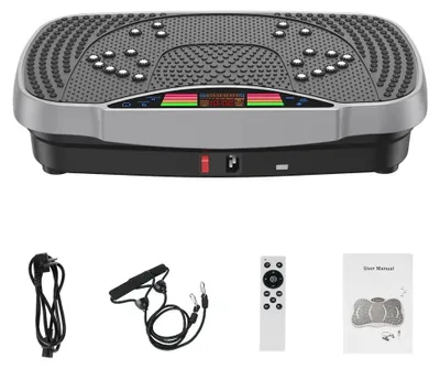 Obrázek produktu pro Vibrační platforma – fitness vybavení pro domácí použití – 99 úrovní intenzity – tichý motor – nosnost 150 kg – LCD displej – dálkové ovládání – protiskluzový, kompaktní design