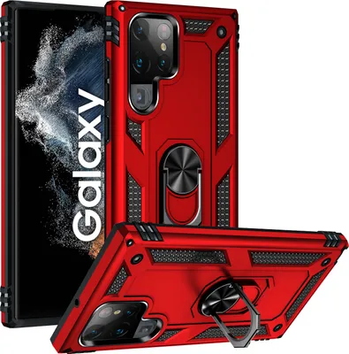 Image de Étui pour Samsung Galaxy S22 Ultra 5G étui de protection militaire double couche avec support d'anneau et support rouge