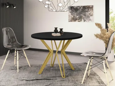 Produktbild von Runder Tisch für das Esszimmer - 100 oder 120 cm Durchmesser - Ausziehbarer Tisch mit Pulverbeschichteten Goldenen Metallbeinen - Industriestil - 100 cm - Schwarz