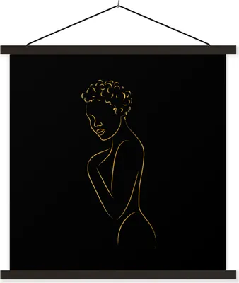 Produktbild von MuchoWow® Textilposter Frau - Schwarz - Gold - Strichzeichnung 120x120 cm mit schwarzem Rahmen - Aufhängungsset