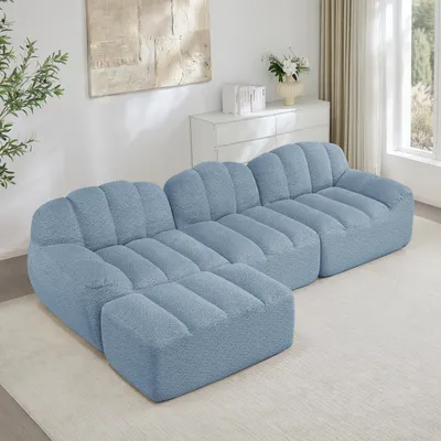Produktbild von Dreisitzer-Modulsofa L-Form, Granulat-Fleece, mit Ottoman, Tiefensitz, 288 x 165 x 79 cm, Blau