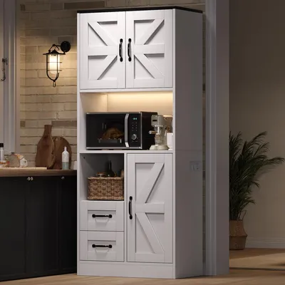 Produktbild von Küchenschrank mit LED-Beleuchtung und Steckdosen, Vorratsschrank mit 3 Scheunentüren und 2 Schubladen, 72x40x173 cm, Weiß
