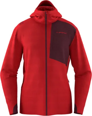Rote Midlayer Jacke für Herren; "Descender Storm Jkt M" von La Sportiva; mit Kapuze und seitlicher Tasche.