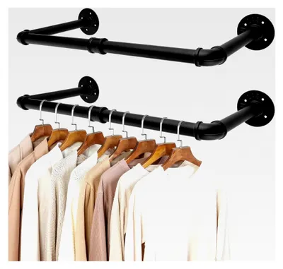 Produktbild von Kleiderstangen aus Industrierohr für Wandmontage, 2er Set, Metallkleiderstangen in Schwarz, 61 cm