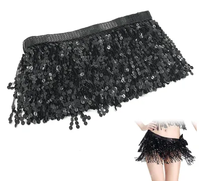 Pailletten-Fransen-Besatz, 3 m x 15 cm, schwarz