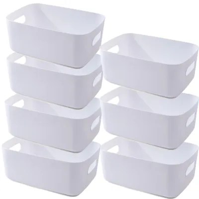 Productafbeelding van 7 witte opbergboxen van kunststof met handgrepen, 20 x 14,7 x 7 cm, organizers voor badkamer- of keukenkasten, opbergmanden/boxen voor de keuken, opbergboxen