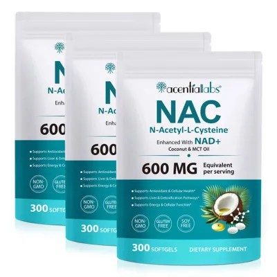 Immagine prodotto di NAC N-Acetil-L-Cisteina, integratore alimentare a base di amminoacido, capsule softgel ad alto dosaggio, per il sistema immunitario e la disintossicazione, prodotto vegano, confezione da 3 flaconi da 300 capsule softgel