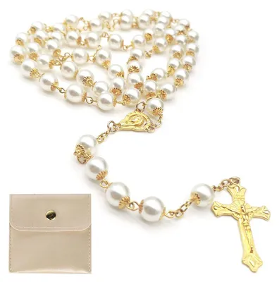 Imagen del producto de Rosario católico con cruz de estilo retro, 1 unidad, con cuentas de vidrio y plástico, ideal para la Primera Comunión
