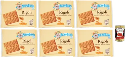 Produktbild von Mulino Bianco Rigoli Biscotti con Miele Millefiori Italiano, Kekse mit italienischem Millefiori-Honig, biscuits cookies, 6x 800 g + Italian Gourmet polpa 400g