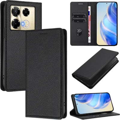 Produktbild von Litchi Leder Handyhülle für Infinix Note 40 Pro 4G/Note 40 Pro 5G/Note 40 Pro+ 5G Wallet Kartenfächer Standfunktion Hülle Schwarz