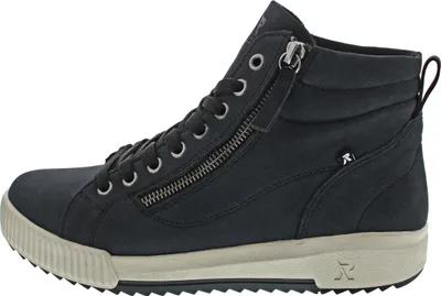 A side view of a blue high-top sneaker with a zipper and laces.