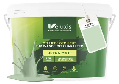 Produktbild von Wandfarbe Grün Hellgrau Mintgrün Matt Innenfarbe – Deckkraft Klasse 1, VOC-frei, Ohne Grundierung, Tropfarm – Wohnzimmer & Schlafzimmer – 2,5L – Veluxis (Woodruff Cream)