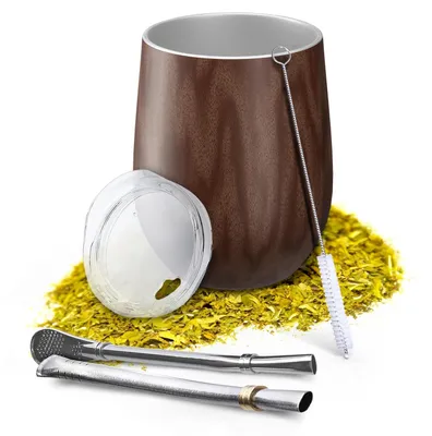 Immagine prodotto di Tazza termica per yerba mate, a doppia parete, capacità 350 ml, con 2 cannucce in acciaio inossidabile, coperchio senza BPA, ideale per l'uso domestico