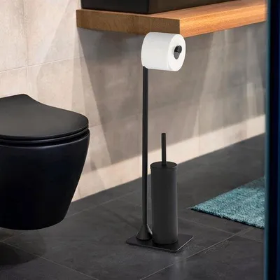 Image de Ensemble de salle de bains avec porte-papier hygiénique et brosse de toilettes - noir mat - 15 x 69 x 20 cm WC Butler