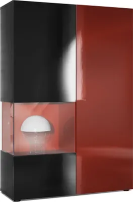 Produktbild von Vladon Vitrine Kommode Hochschrank Morena,  Germany, Korpus in Schwarz matt / Rechte Tür und der Einsatz in Bordeaux  Hochglanz, inkl. LED Beleuchtung