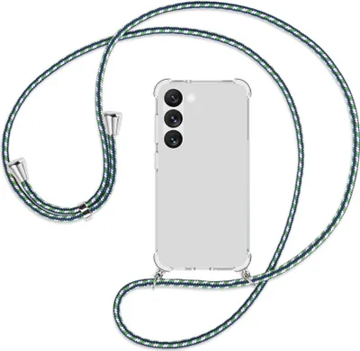 Produktbild von Handykette Backcover-Schutzhülle mit Band (Metall silberfarben) für Samsung Galaxy S23 - grün/blau/weiß