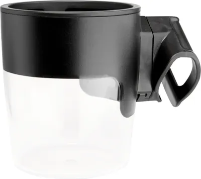 A black and clear cup holder with a clip attachment, shown against a white background.