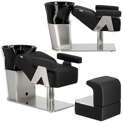 Immagine prodotto di Poltrona lavatesta reclinabile Gia per parrucchiere e barbiere con lavabo in ceramica mobile, rubinetteria e doccetta