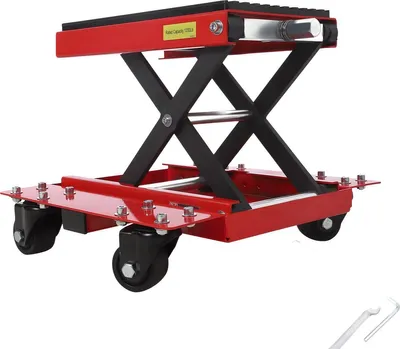 Productafbeelding van Motorlift 550 kg – Motorhefplatform voor garage en werkplaats – Motorhefbrug met stalen X-frame, hoogteverstelling en wielen – Rood