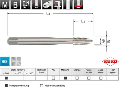 Produktbild von RUKO Maschinengewindebohrer M DIN 376 HSS M 12 Gewindelänge L2 22 mm