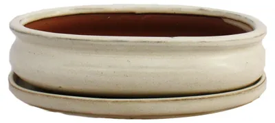 Produktbild von Bonsai-Schale mit Unterteller Gr. 3 - hellbeige - oval - Modell O47 - L 19cm - B 13,5cm - H 5cm