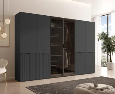 Produktbild von MOEBLO Drehtürenschrank Minewra Antisol 300 cm, Falttürenschrank 6-türig, Schrank mit Einlegeböden und Kleiderstange, Schlafzimmer - Schwarz