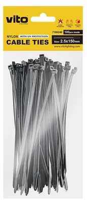 Productafbeelding van VITO Kabelbinders 2.5x150mm - Zwart - Met UV-bescherming - Kunststof Kabelklemmen - 100 stuks in blister verpakking - Voor buitengebruik