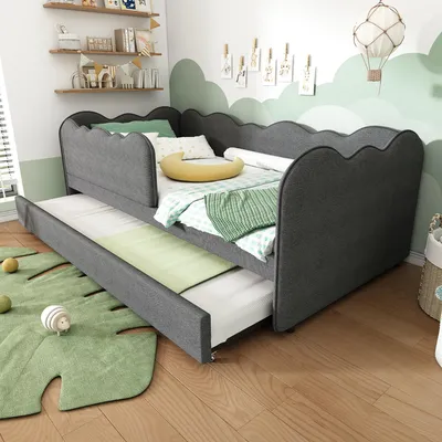 Produktbild von Merax Polsterbett Daybett 90x190 cm, Tagesbett Schlafsofa mit Ausziehbett, Kinderbett Einzelbett mit Lattenrost aus Samt, Grau