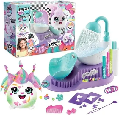 A product shot of a toy hair salon playset and its packaging, with a doll-like character in the foreground.