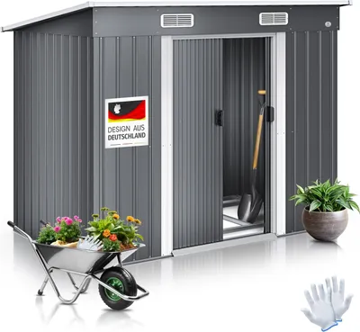 Produktbild von KESSER® - Gerätehaus L Metall 4 m³ mit Fundament | 194x112x181 cm | 2x Schiebetür & Fundament | Geräteschuppen | Gartenhaus Schrank | Pultdach Garten Schuppen | Inkl. Arbeitshandschuhe