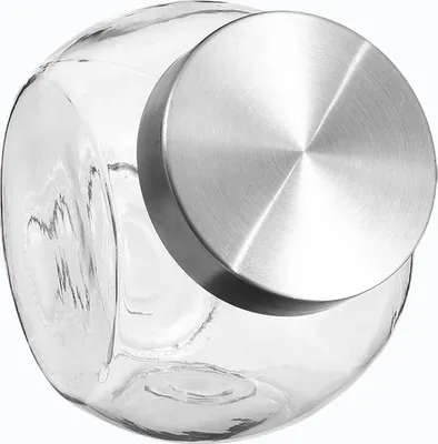A top-down view of a glass jar with a stainless steel lid.