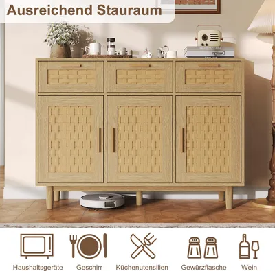 Image de Buffet UnboxG avec 3 tiroirs et 3 portes, aspect chêne et imitation rotin en PVC, dimensions 107,9 x 40 x 80 cm, meuble de rangement robuste pour le salon, la salle à manger et le couloir