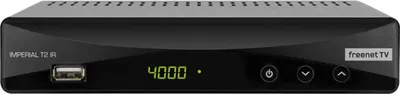 A front view of a black digital TV receiver with a silver top.