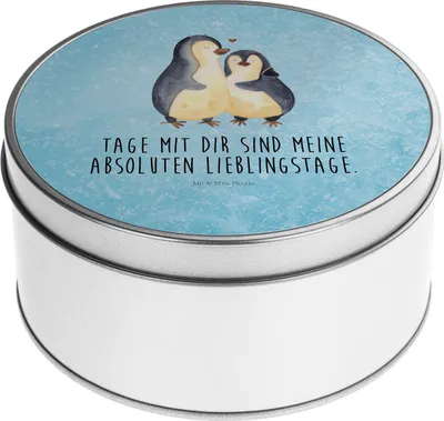 Produktbild von Mr. & Mrs. Panda Dose Pinguin umarmen - Eisblau - Geschenk, Vorratsdosen, Blechdose, Hochzeitstag, Hochzeitsgeschenk, keksdosen, Liebe, Vorratsbehälter, Keksdose