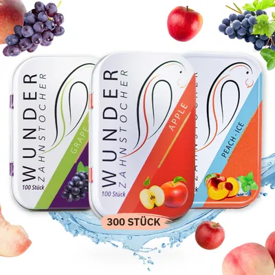 Produktbild von Wunder Zahnstocher mit Geschmack - 3er Juicy Pack - 3x 100 Stück - Metallbox - Traube Minze Pfirsich Ice Apfel - frischer Atem - vegan