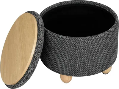 Immagine prodotto di Pouf rotondo con vano contenitore, vassoio e gambe in legno | Grigio scuro | 39x39x33 cm