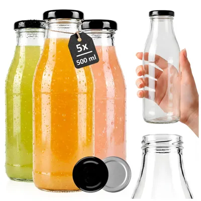 Zdjęcie produktu dla SuperButelki - Zestaw 5x Butelka szklana SOK 500 ml z zakrętką, na soki wino napoje kompot butelki na soki 0,5l komplet butelek + E-BOOK z przepisami