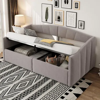 Obrázok produktu pre Postel s čalúneným rámom, 90x200 cm, s úložným priestorom, jednolôžková posteľ s roštom, s opierkami na ruky a operadlom, poťah z velúru, svetlosivá farba, vhodná do spálne
